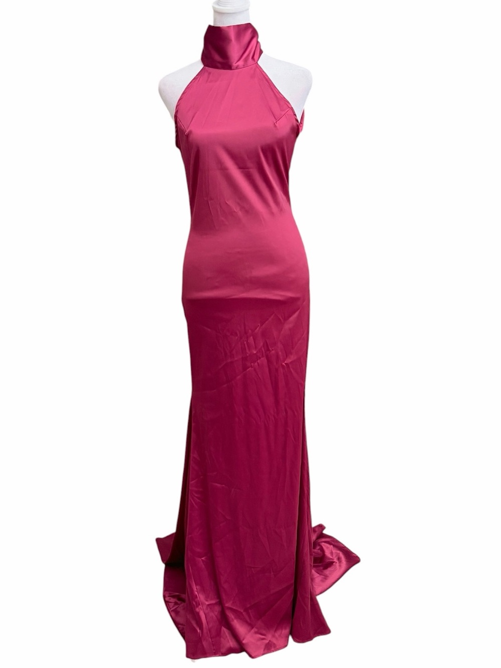 Fashion Nova Satin Halter Maxi Dress in Magenta